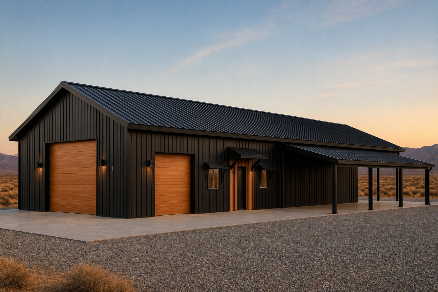Optional open-sided steel lean-to carport on the 40 by 80 clear-span shop