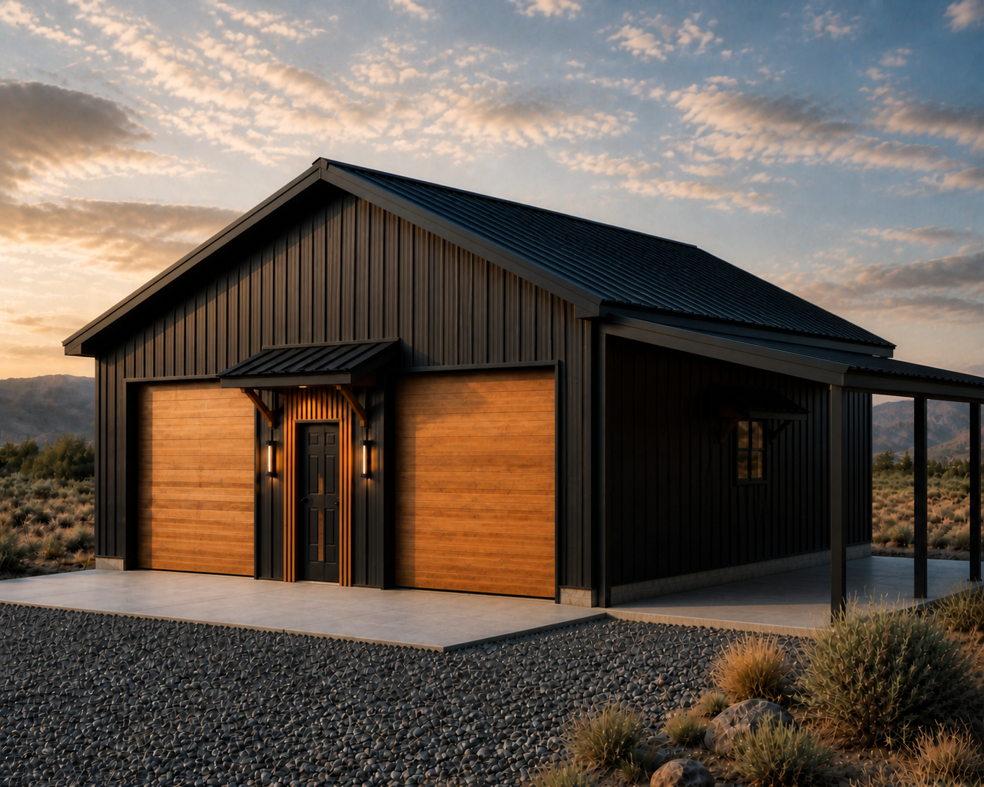 Optional open-sided steel lean-to carport on the 30 by 40 garage shop