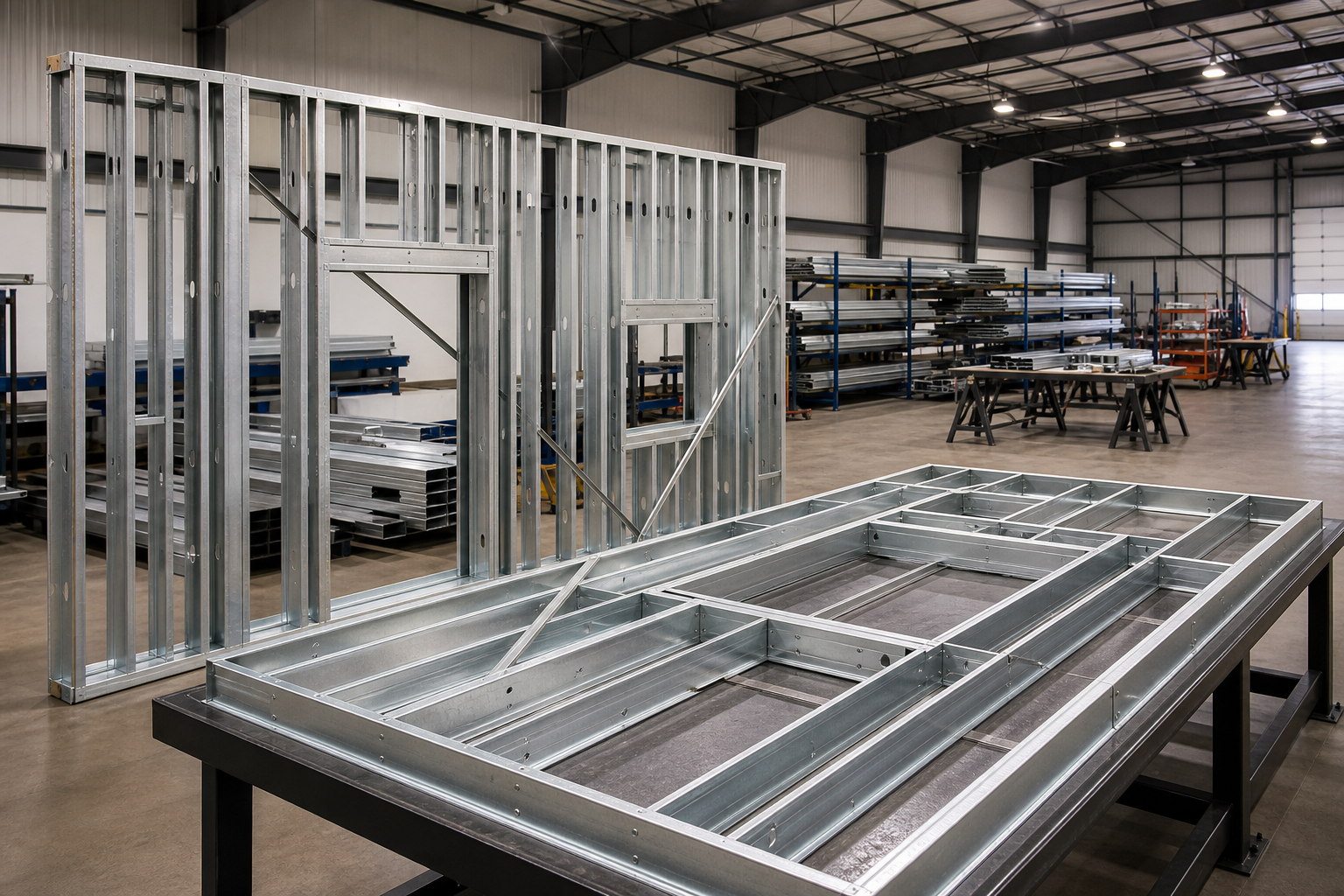 Cold-formed structural steel wall panels being assembled from coordinated project data